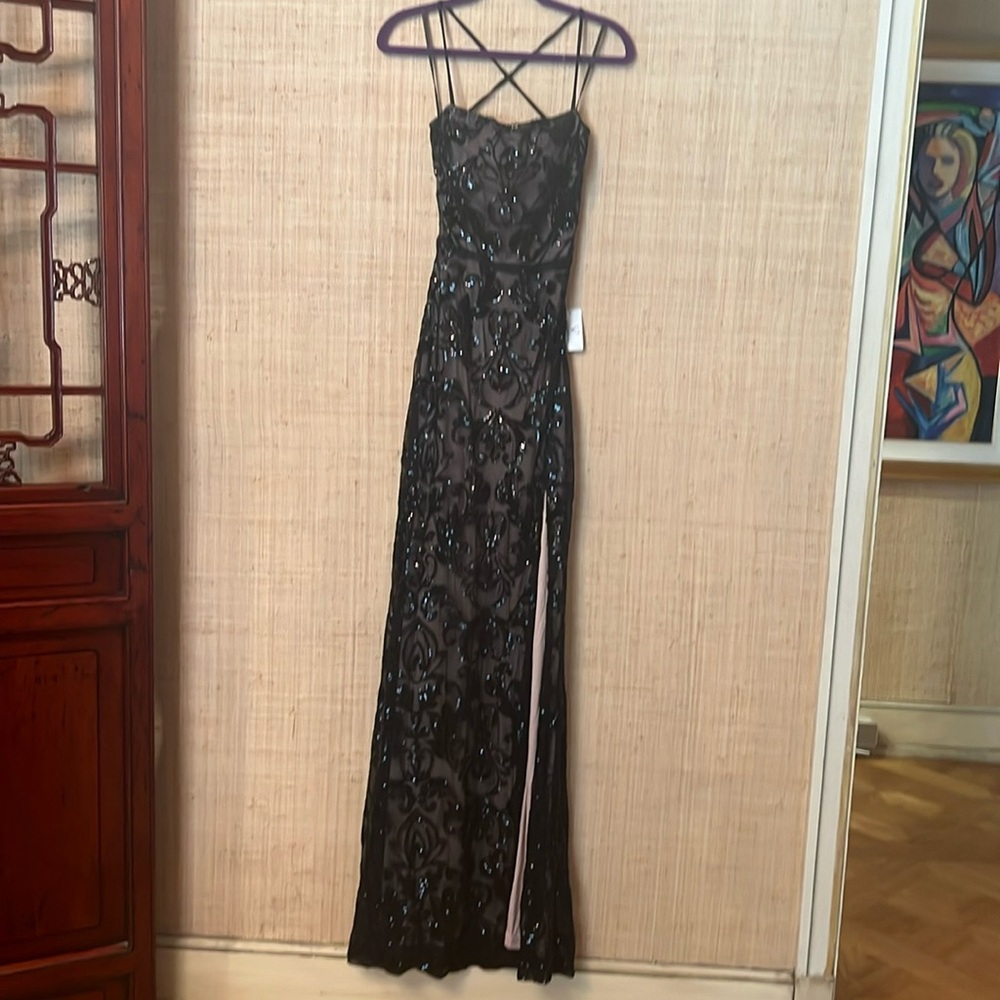 Brand new black stretch mesh and sequin gown